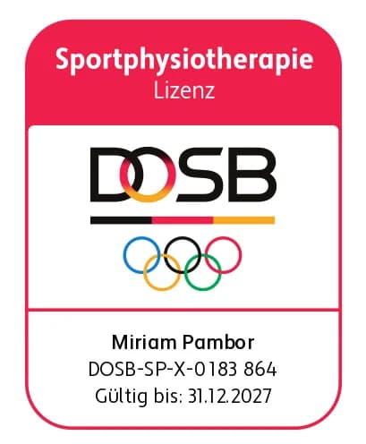 Lizenzsignet Sportphysiotherapie des Deutschen Olympischen Sportbundes für Miriam Pambor, Lizenznummer DOSB-SP-X-0183 864, gültig bis 31.12.2027